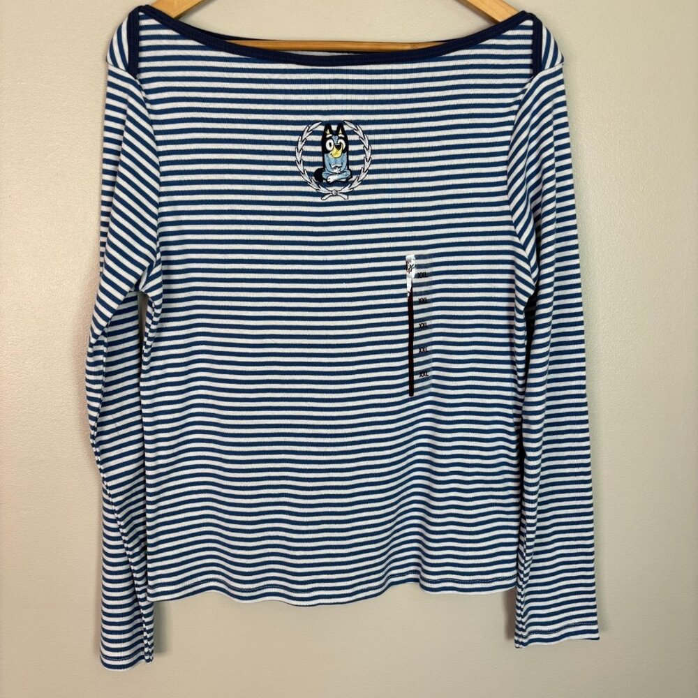 Bluey‎ Girls Shirt XXL Blue White Striped Boat Neck Long Sleeve Cotton Top NWT
